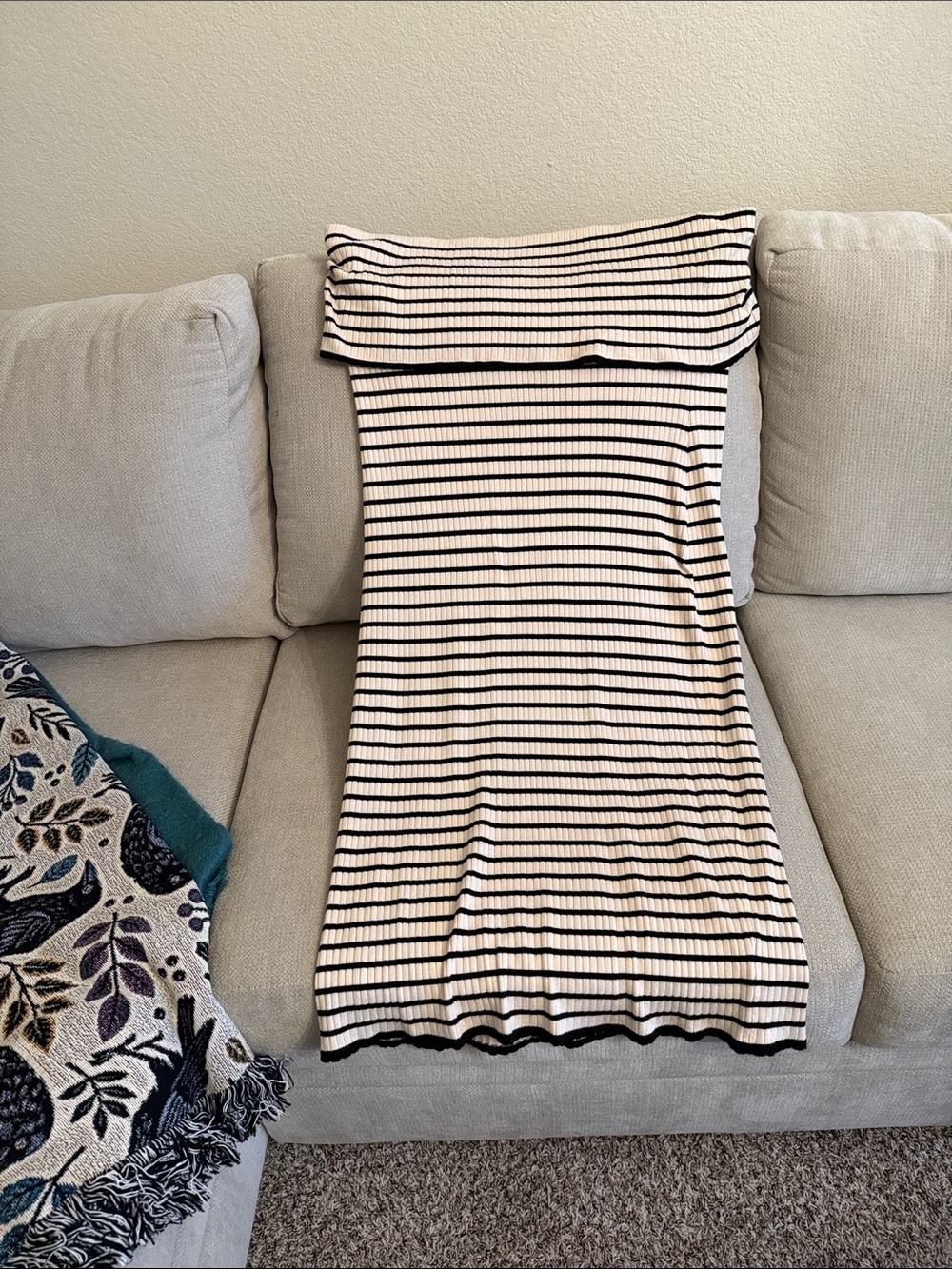 SO Cream and Black Horizontal Stripe Off-Shoulder Top